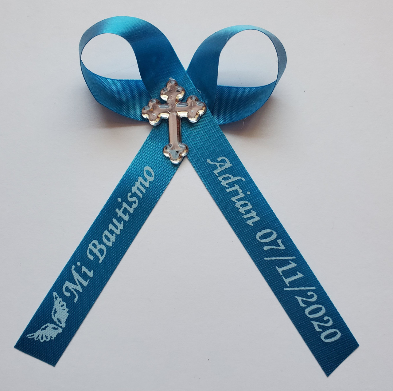 personalized baptism ribbons with a cross embellishment
